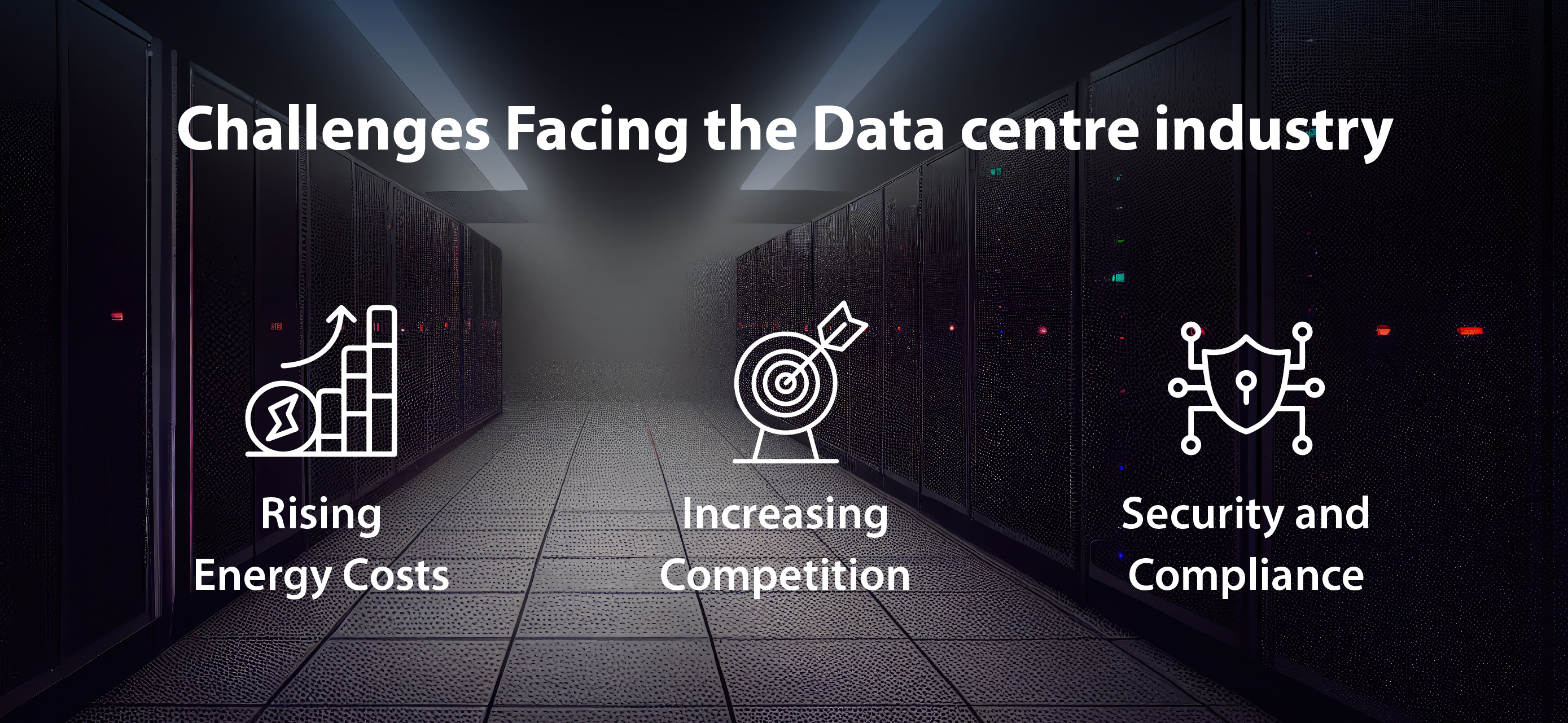 Infographic highlighting the three challenges facing the data center industry: rising energy costs, increasing competition, and security and compliance.